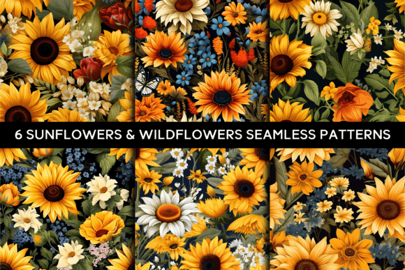 6 Sunflower Wildflower Seamless Patterns for Creative and Commercial Use