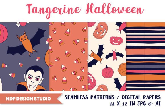 Cute Halloween Patterns Digital Papers: Enchanting Your Designs with Tangerine Halloween Seamless Patterns