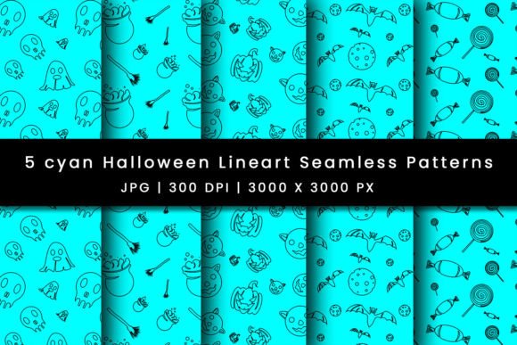 Cyan Halloween Line Art Patterns