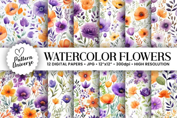 Purple Orange Watercolor Floral Patterns: A Versatile Digital Asset for Creative Projects